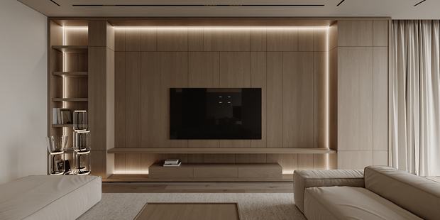 라인 간접조명을 넣은 TV 월 거실